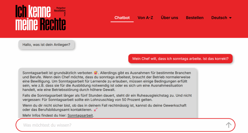 Screenshot des Chatbots von Ich kenne meine Rechte als Lerneneder